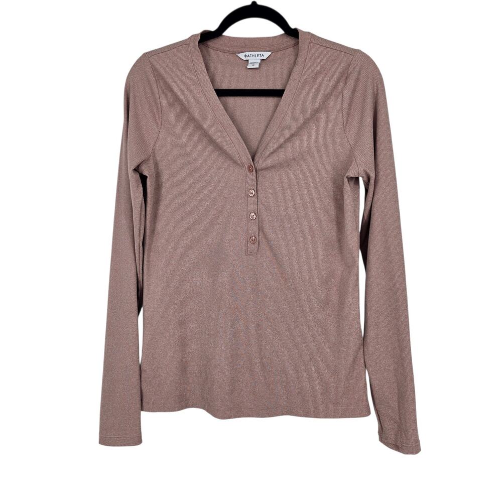 Athleta Pink Uptempo Ribbed Long Sleeve V-Neck Henley Top W/ Thumbholes Size M